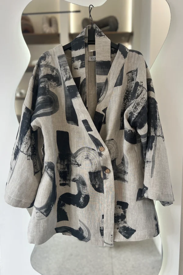 Kurtka Kimono, Krótkie Lniane Kimono Z Nadrukiem